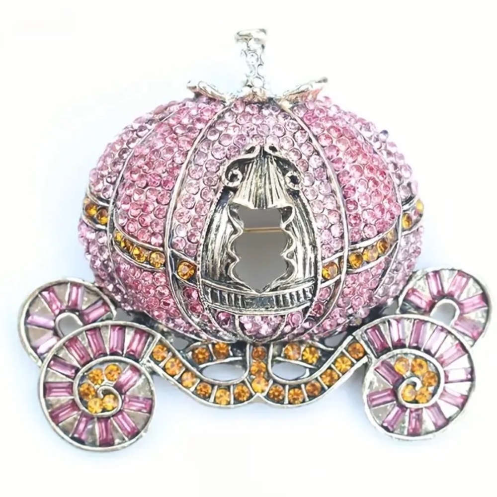 Midnight Rose Diamond-Encrusted Pumpkin Coach Brooch Vintage Repurposed - Picture 5 of 5